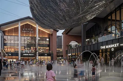 Vista nocturna de la plaza de Yiwu